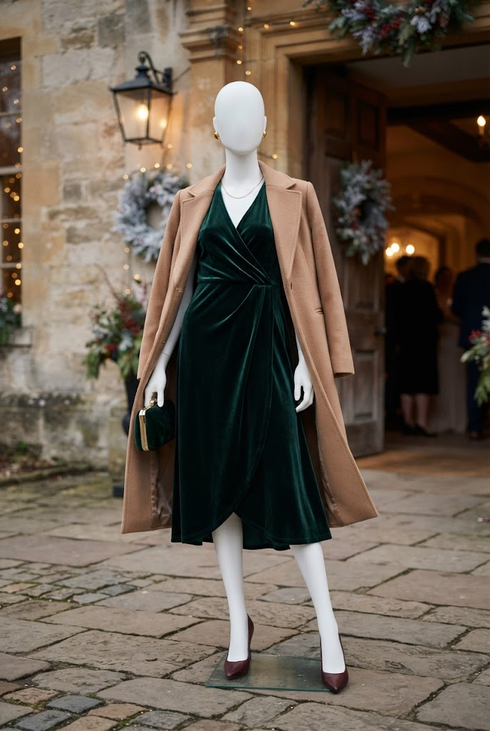 1. Velvet Midi Dress With a Tailored Wool Coat