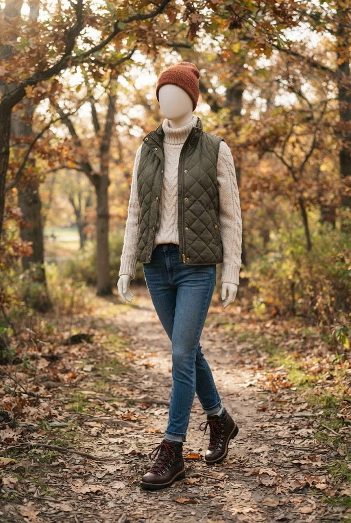 11. Puffer Vest With a Cozy Sweater and Jeans
