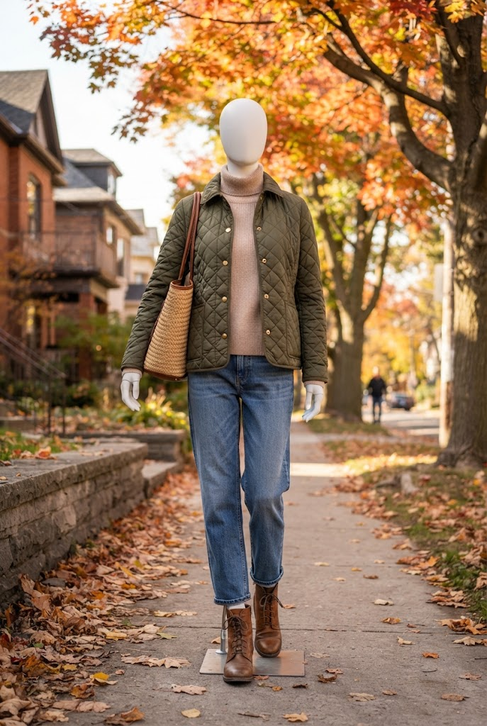 16. Quilted Jacket With a Sweater and Relaxed Denim