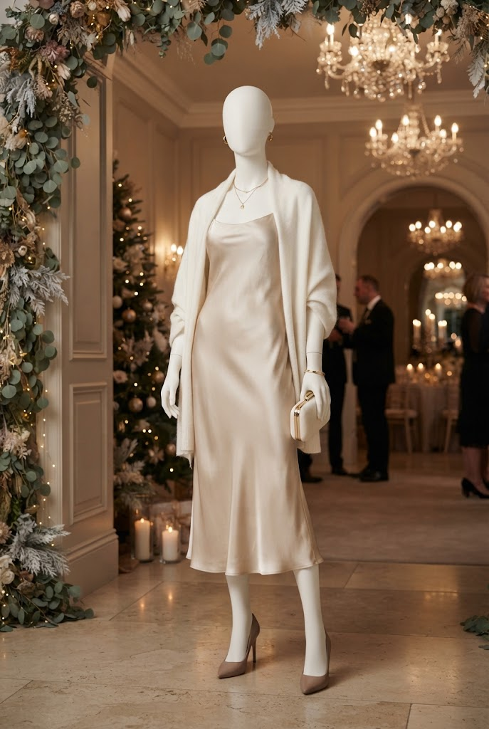 2. Satin Slip Dress Layered With a Cashmere Wrap