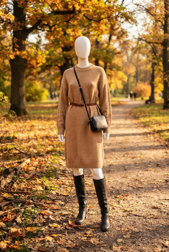 4. Cozy Sweater Dress With Knee-High Boots