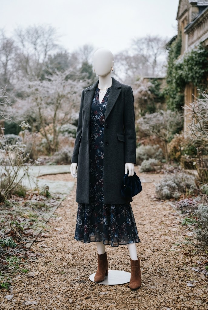 4. Long-Sleeve Floral Dress With Winter Accessories