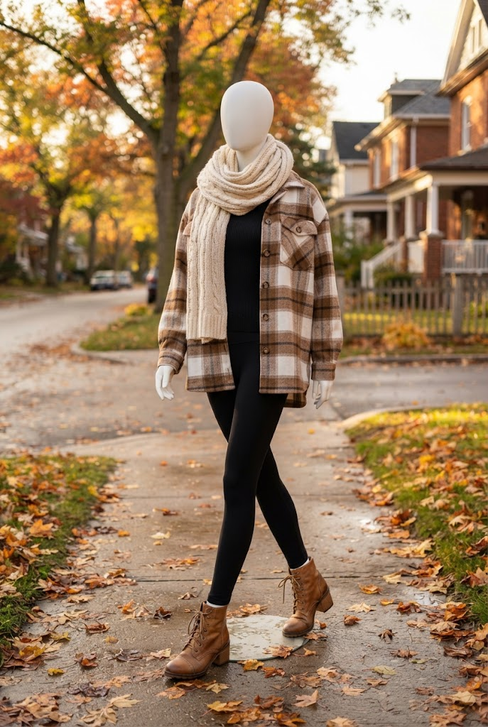 6. Plaid Shacket With Leggings and Ankle Boots