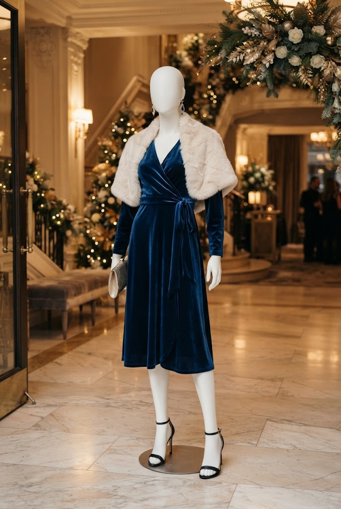 6. Velvet Wrap Dress With Statement Jewelry