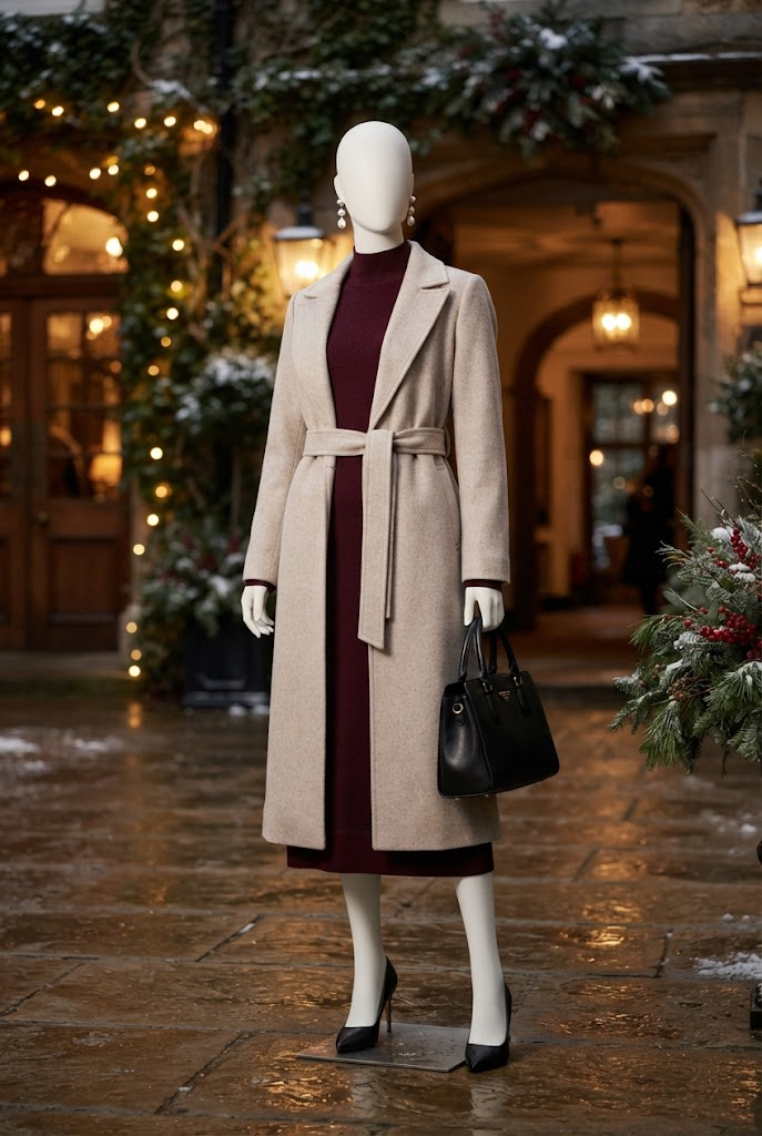 8. Elegant High-Neck Dress With Winter Texture