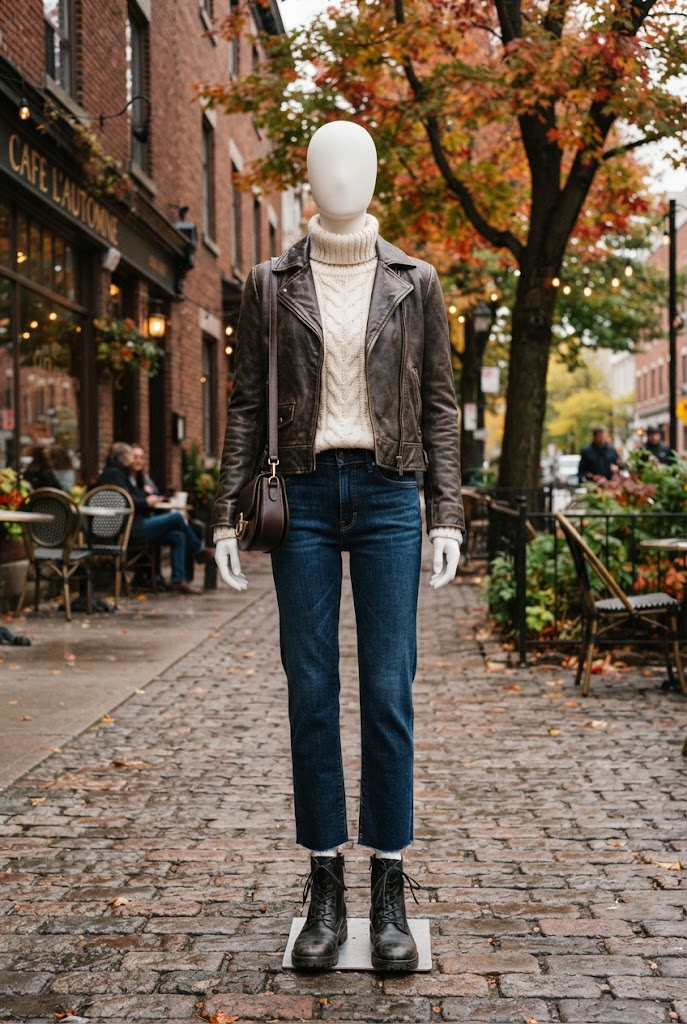 8. Leather Jacket With a Cozy Knit Sweater